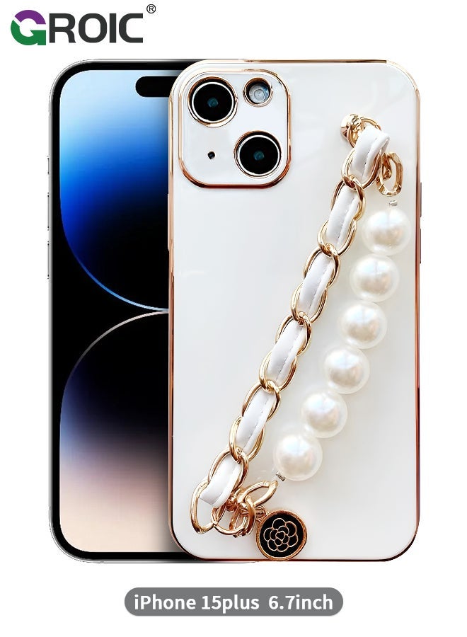 GROIC iPhone 15 Plus Phone Case with Fashion Pearl Bracelet Strap,Luxury Plating Cover,White TPU Shell for Women,Camera Protection Shockproof Bumper 6.7 Inch  - Image 1