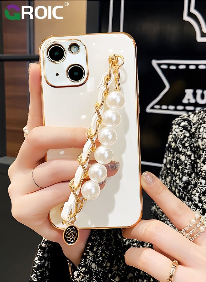 GROIC iPhone 15 Plus Phone Case with Fashion Pearl Bracelet Strap,Luxury Plating Cover,White TPU Shell for Women,Camera Protection Shockproof Bumper 6.7 Inch  - Image 2