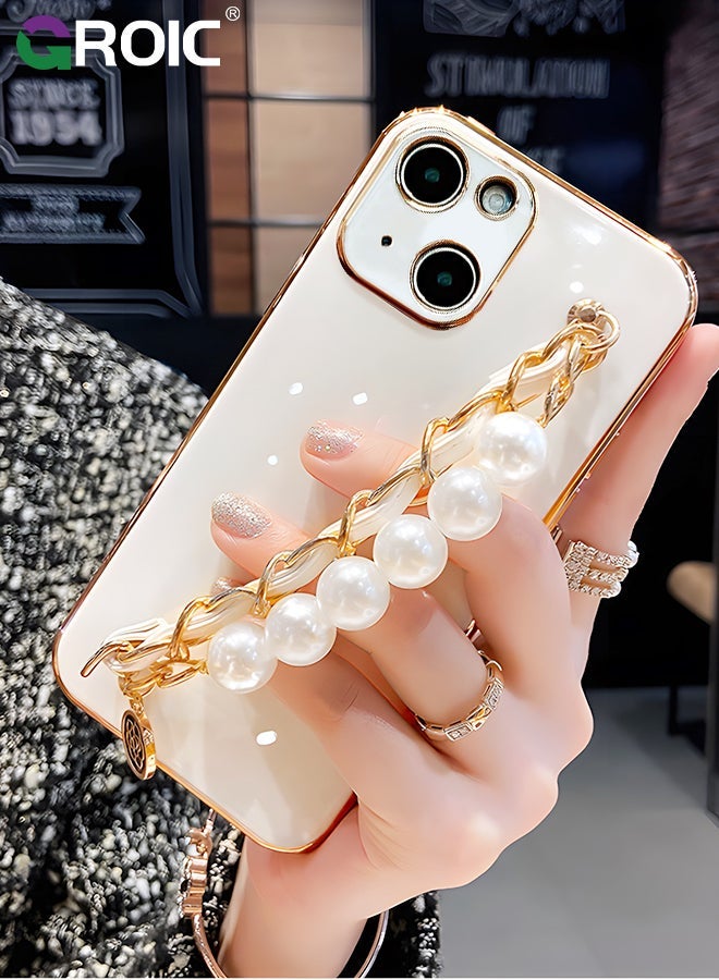 GROIC iPhone 15 Plus Phone Case with Fashion Pearl Bracelet Strap,Luxury Plating Cover,White TPU Shell for Women,Camera Protection Shockproof Bumper 6.7 Inch  - Image 4