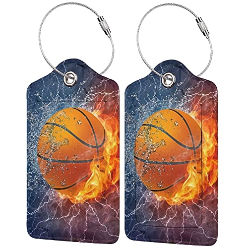 SNAPMADE 2 Pcs Basketball Luggage Tags for Boys Mens Suitcases for Travel, Sport PU Leather Name Labels Tag Bag Tags with Steel Stainless Loop and Full-Width Design Cover & Address Card - Image 1