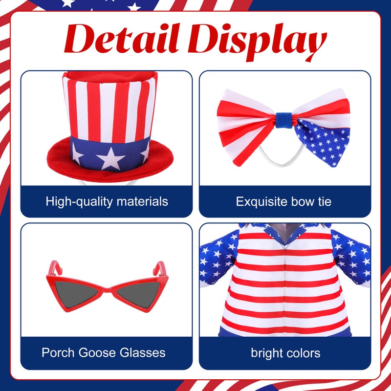 Watayo 4 Pcs/Set 4Th Of July Porch Goose Outfit  23 "" High Lawn Goose Statue Patriotic Costume Clothing  Independence Day Porch Garden Goose Clothes With Hat Glasses Bow Tie For Outdoor Patio Yard Decoration - Image 3