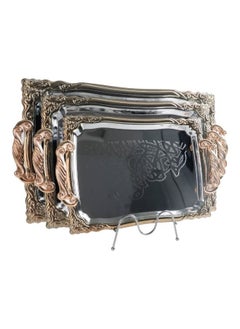 3Pcs Tray Set Full Chrome Plated Metal Tray Set With Gold Handles & Laser Pattern Design