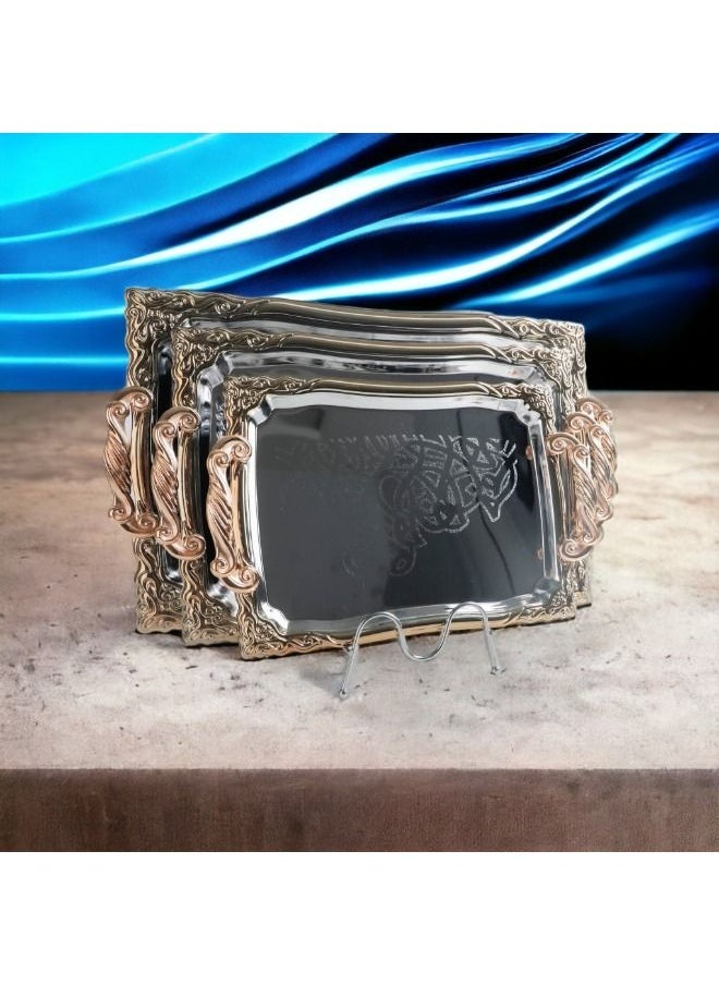 Soleter - 3Pcs Tray Set Full Chrome Plated Metal Tray Set With Gold Handles & Laser Pattern Design - Image 1