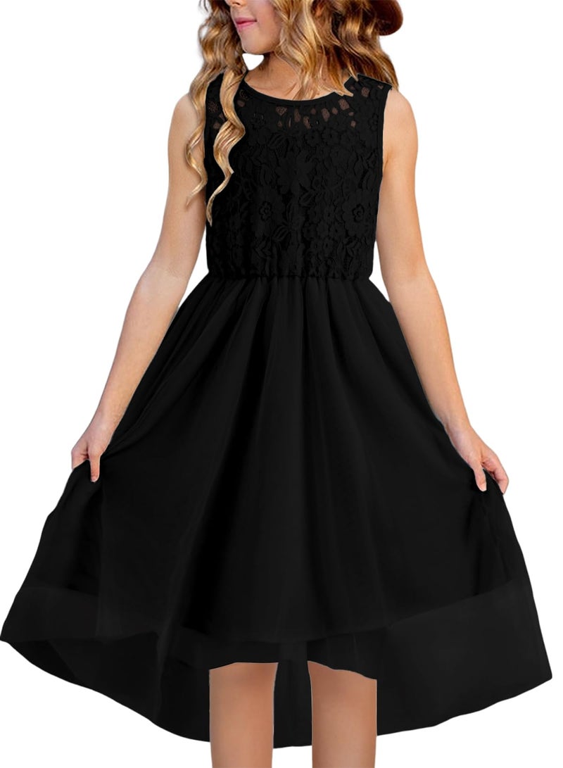 blibean Girls Summer Dresses Big Kids Flower Girl Dress Teen Formal Sleeveless Communion Sundress Tween Lace Easter Dual Tulle Vestidos para NiÃ±as Size 12-13 Years Old Black - Image 1