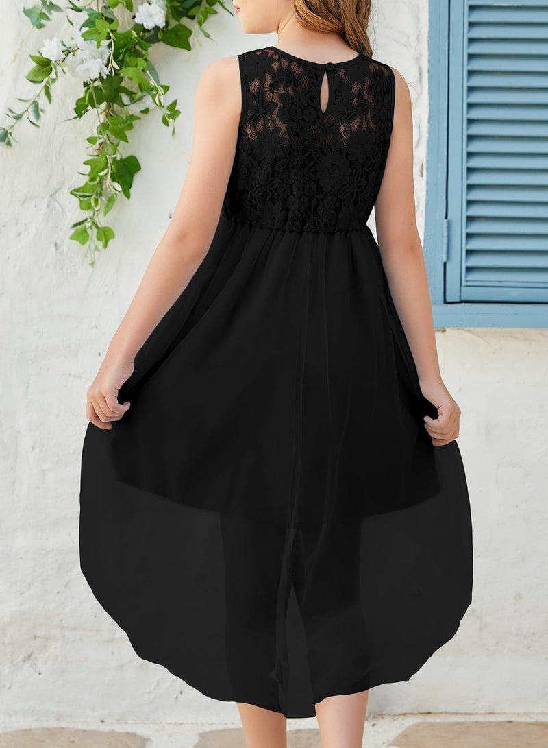 blibean Girls Summer Dresses Big Kids Flower Girl Dress Teen Formal Sleeveless Communion Sundress Tween Lace Easter Dual Tulle Vestidos para NiÃ±as Size 12-13 Years Old Black - Image 3