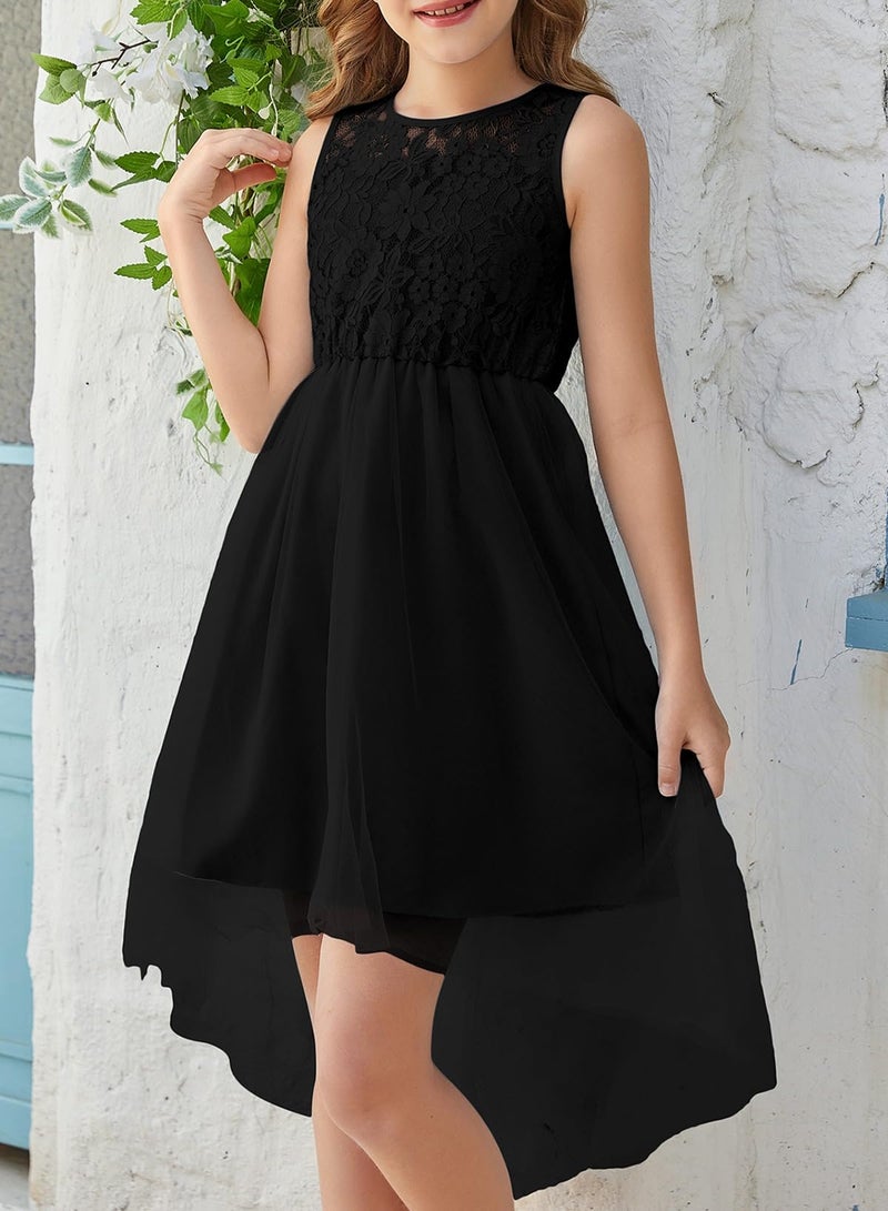 blibean Girls Summer Dresses Big Kids Flower Girl Dress Teen Formal Sleeveless Communion Sundress Tween Lace Easter Dual Tulle Vestidos para NiÃ±as Size 12-13 Years Old Black - Image 4