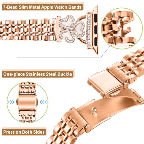 JOYOZY Metal Straps Compatible with Apple Watch Band 40mm 42mm(Series 10) 41mm 38mm,Dressy Women Luxury Strap Diamond Rose Gold Wristband Strap for Iphone Watch Bands Series 10/9/8/7/6/5/4/3/2/1/SE - Image 4