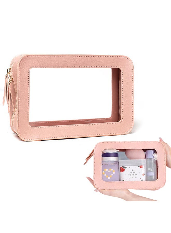 YelaJoy Clear Makeup Bag Organizer, TSA Approved Portable Travel Toiletry Bag Multipurpose Cosmetic Bag Case for Women Vegan Leather Make Up Pouch Transparent Vinyl Windows  - Image 1