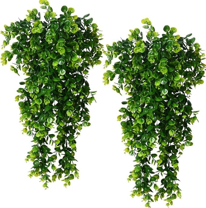 Dekorly 2 PCS Artificial Eucalyptus Leaf Rattan Fake Hanging Plant Faux Greenary Vine Outdoor UV Resistant Plastic Plants for Wedding Party Home Decor - Image 2