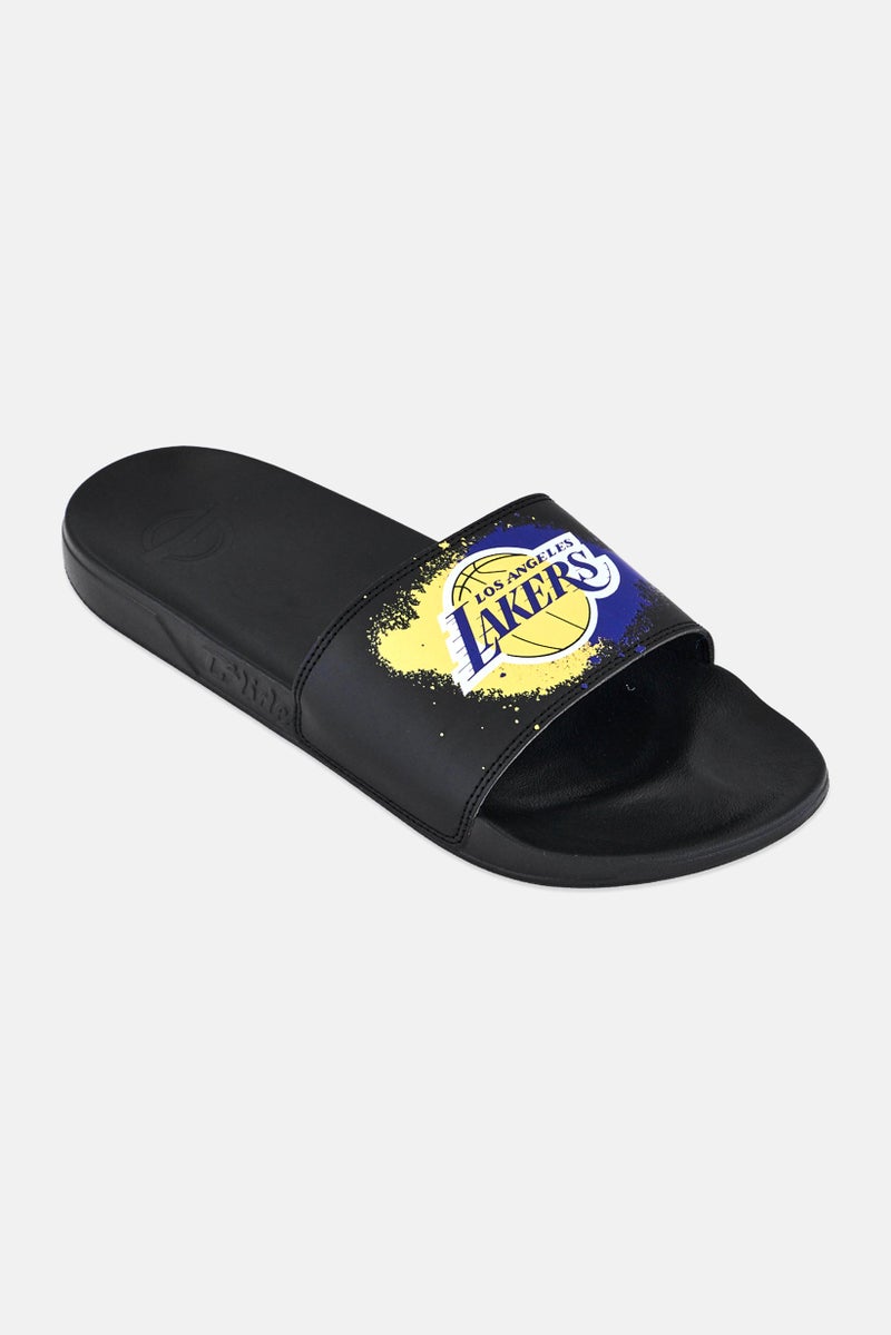 ISlide Men LA Lakers Spray Paint Logo Slip On Slides, Black - Image 1