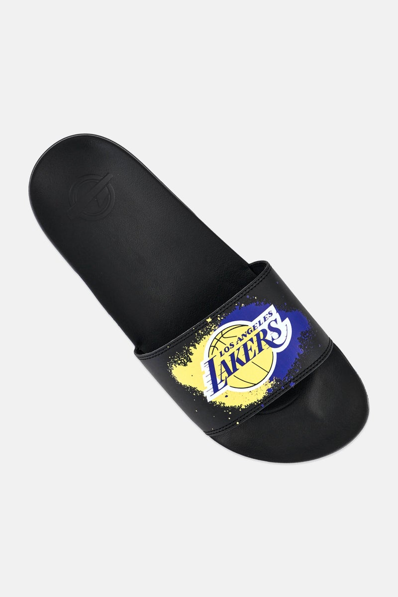 ISlide Men LA Lakers Spray Paint Logo Slip On Slides, Black - Image 4