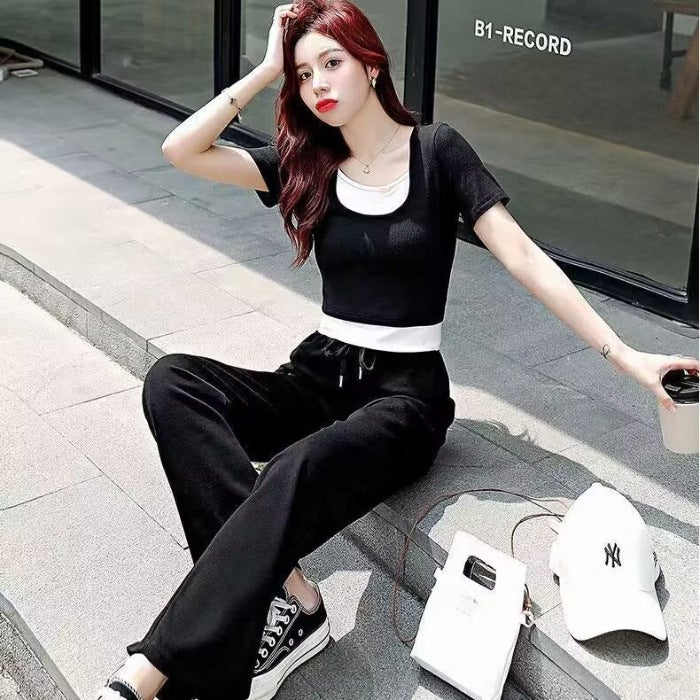 Summer Short-layered Top  Casual Pants Set Black - Image 1