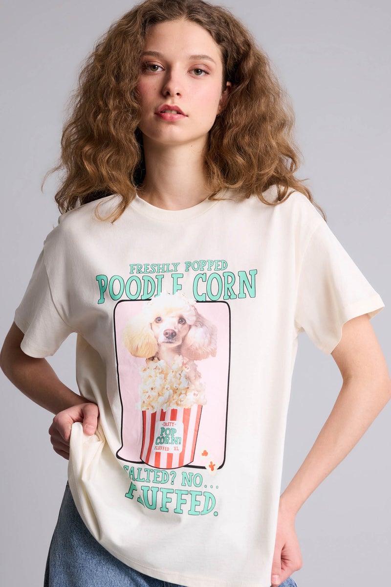 DeFacto Beige Woman Printed Oversize T-Shirt Casual - Image 1