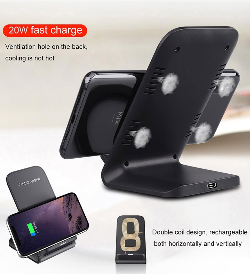 Cesbiomo 2 Pack Wireless Charging Stand, 20W Fast Charging Stand with QC3.0 Adapter for Samsung Galaxy S25/S25+/S25 Ultra/S24/S23/S22/S21/Note, for iPhone 17 Air Pro Max/16/15/14/13/12/11 Series, and More. - Image 3