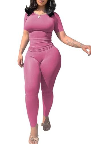 PINSV 2 Piece Sets for Women Summer Casual Jogger Workout Outfits Fitted Crew Neck T-shirt High Waist Legging Sets Pink L - Image 1