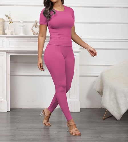 PINSV 2 Piece Sets for Women Summer Casual Jogger Workout Outfits Fitted Crew Neck T-shirt High Waist Legging Sets Pink L - Image 3