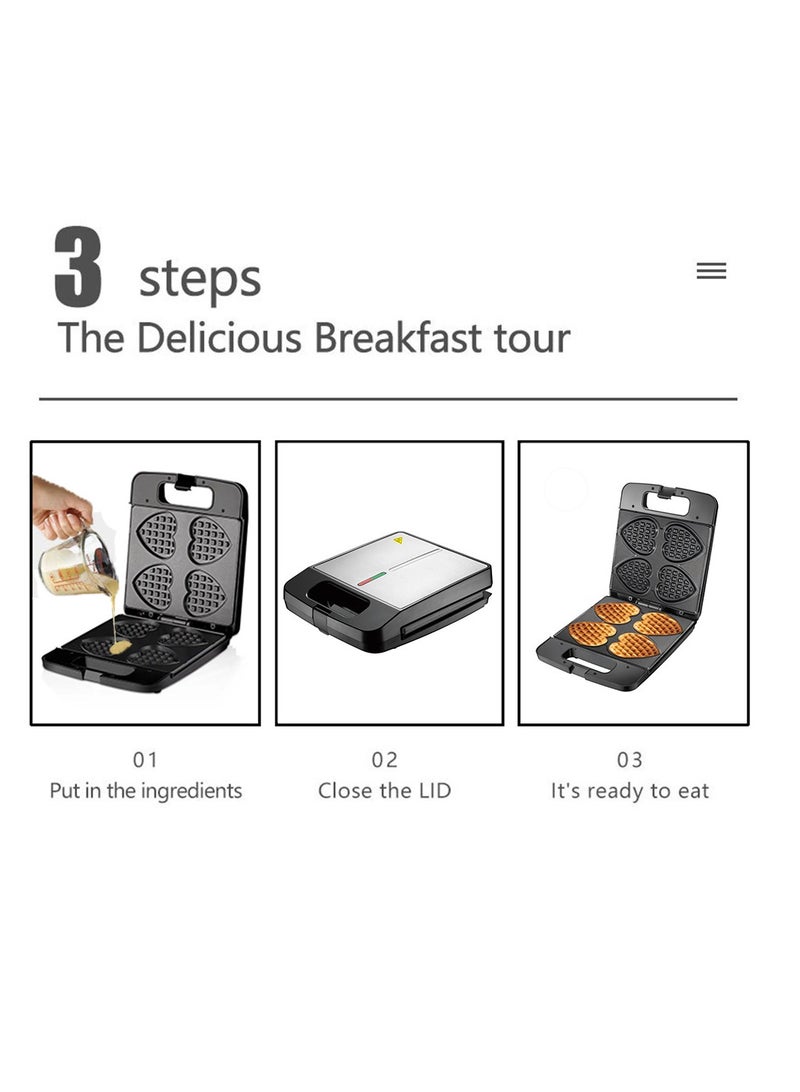 general Home heart shaped waffle maker, multifunctional sandwich maker toaster, 4 slice waffle breakfast maker cake maker, easy to make waffles, sandwiches and cakes - Image 4
