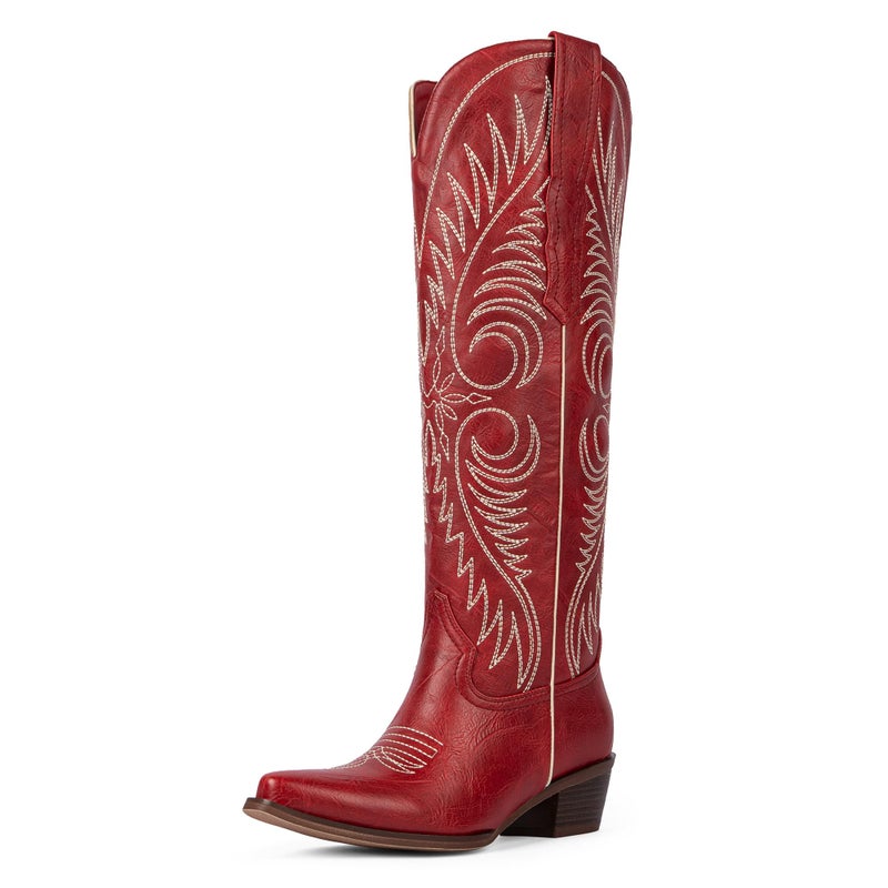 Modatope Red Cowboy Boots for Women Knee High Wide Calf Cowgirl Boots Embroidered Pointed Toe Chunky Heel Western Boots Pull On Tall Boot Size 8 - Image 1