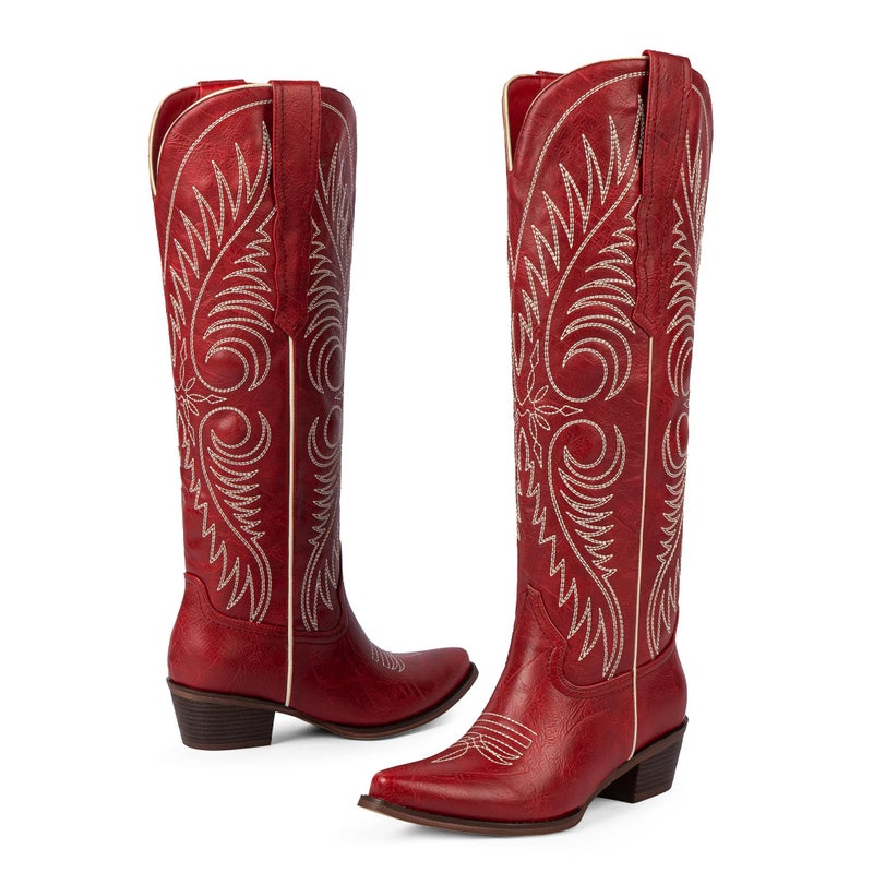 Modatope Red Cowboy Boots for Women Knee High Wide Calf Cowgirl Boots Embroidered Pointed Toe Chunky Heel Western Boots Pull On Tall Boot Size 8 - Image 5