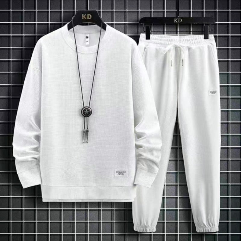 Loose Long Sleeve round Neck Sweatshirt Set Sporty Casual Pure Color Autumn Winter Fashion Hong Kong Style Knitted Polyester Set white]  - Image 1