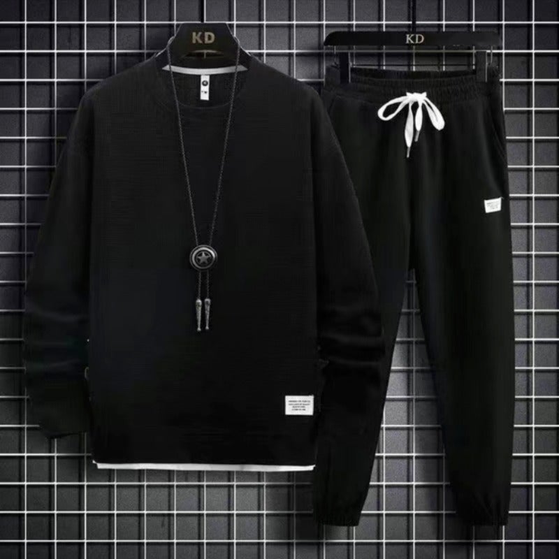 Loose Long Sleeve round Neck Sweatshirt Set Sporty Casual Pure Color Autumn Winter Fashion Hong Kong Style Knitted Polyester Set white]  - Image 2