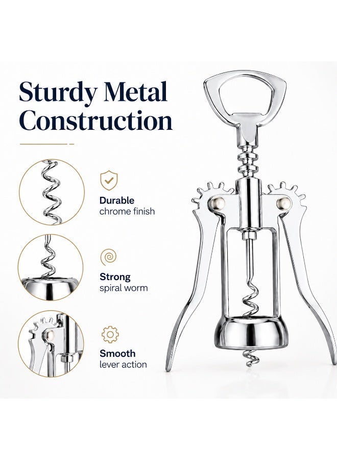 2-in-1 Winged Corkscrew and Bottle Opener, Manual Wine Cork Remover with Lever Arms, Easy-Turn Handle and Built-In Cap Opener, Chrome-Finish Metal, Silver - Image 1