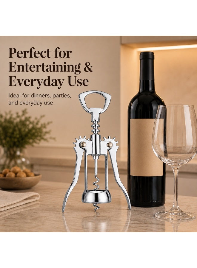 2-in-1 Winged Corkscrew and Bottle Opener, Manual Wine Cork Remover with Lever Arms, Easy-Turn Handle and Built-In Cap Opener, Chrome-Finish Metal, Silver - Image 3