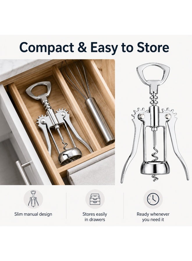 2-in-1 Winged Corkscrew and Bottle Opener, Manual Wine Cork Remover with Lever Arms, Easy-Turn Handle and Built-In Cap Opener, Chrome-Finish Metal, Silver - Image 4