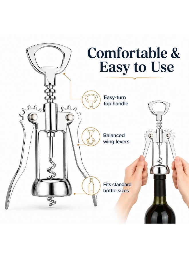 2-in-1 Winged Corkscrew and Bottle Opener, Manual Wine Cork Remover with Lever Arms, Easy-Turn Handle and Built-In Cap Opener, Chrome-Finish Metal, Silver - Image 2