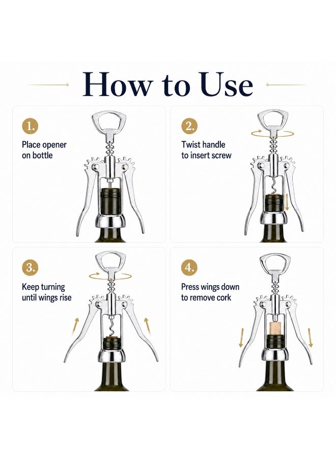 2-in-1 Winged Corkscrew and Bottle Opener, Manual Wine Cork Remover with Lever Arms, Easy-Turn Handle and Built-In Cap Opener, Chrome-Finish Metal, Silver - Image 5