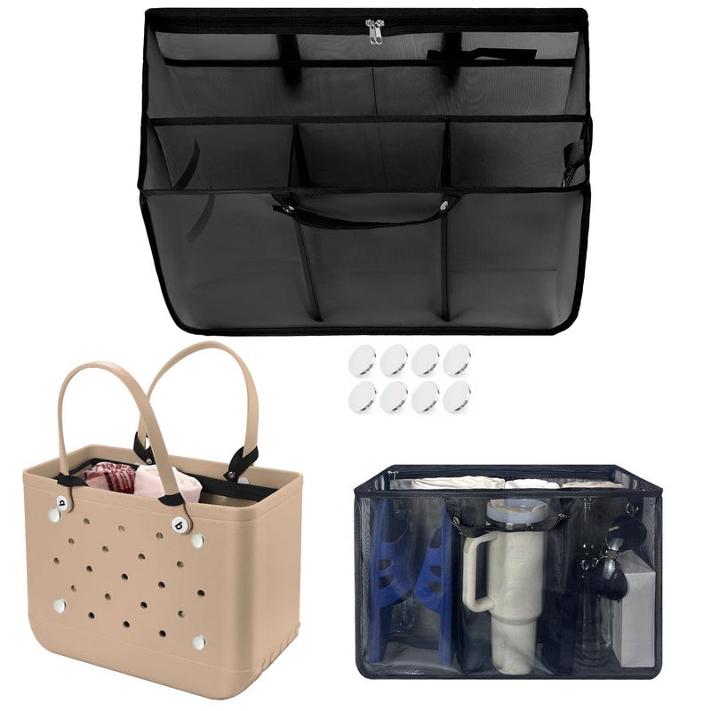 XYFuuee Beach Bag Organizer Inserts for Original Large Bogg Bag Accessories with 8 Removable Metal Fasteners, Lightweight Mesh Insert Divider Pouch, Organizing Rubber Tote, Save Space, Black XL - Image 3