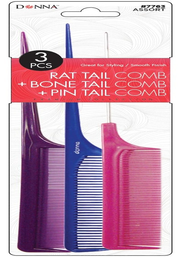 DONNA PREMIUM PEARL COMBO Rat Tail, Bone Tail, Pin Tail COMBS Great for All Hair Type, Hair Styling Comb for Women, Men and Salon, 1PC PURPLE, BLUE, PINK COLOR