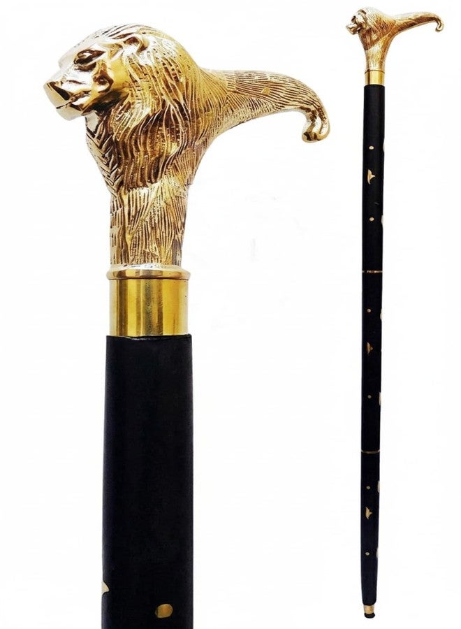 PIRUU Vintage Brass Lion Head Walking Stick - 37 Inch Wooden Shaft Cane - Decorative Brass Handle - Antique Style - Image 1