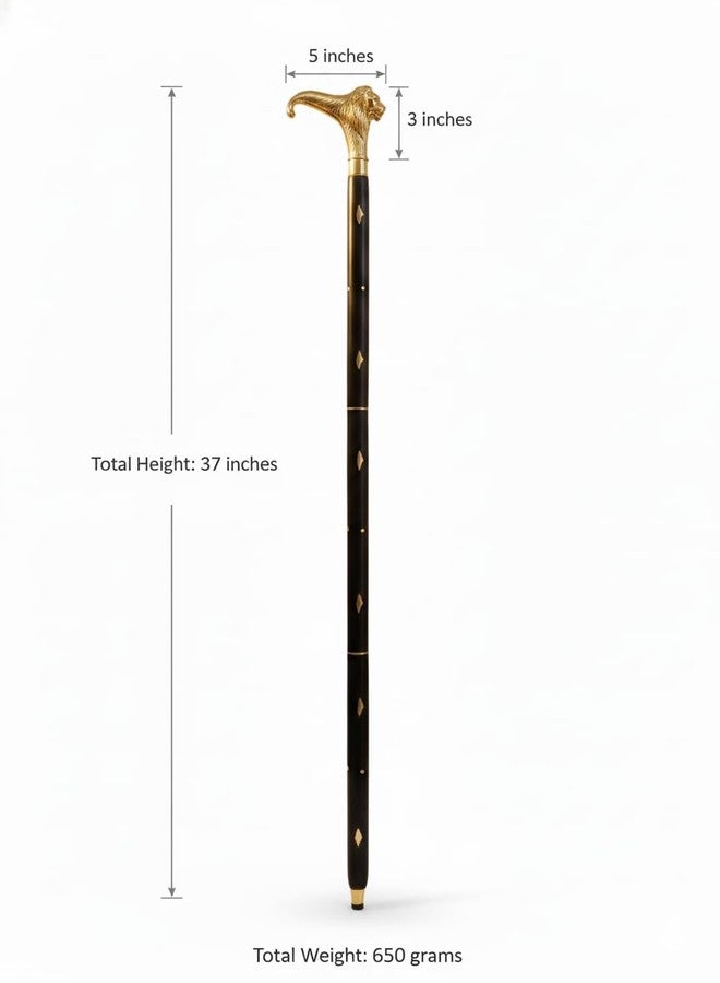 PIRUU Vintage Brass Lion Head Walking Stick - 37 Inch Wooden Shaft Cane - Decorative Brass Handle - Antique Style - Image 3