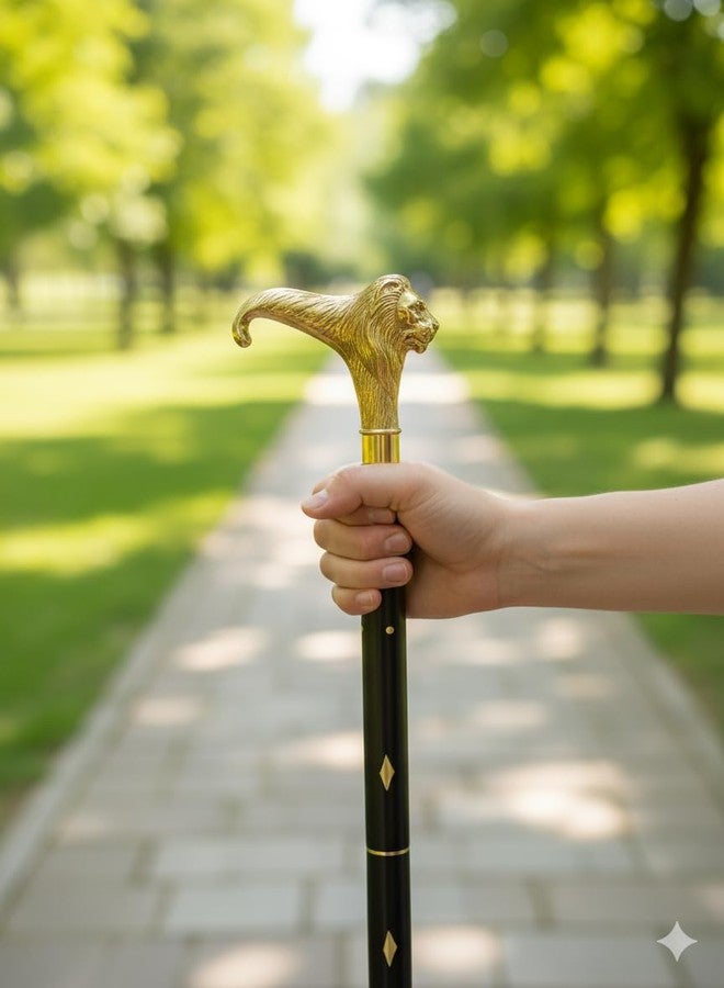 PIRUU Vintage Brass Lion Head Walking Stick - 37 Inch Wooden Shaft Cane - Decorative Brass Handle - Antique Style - Image 4