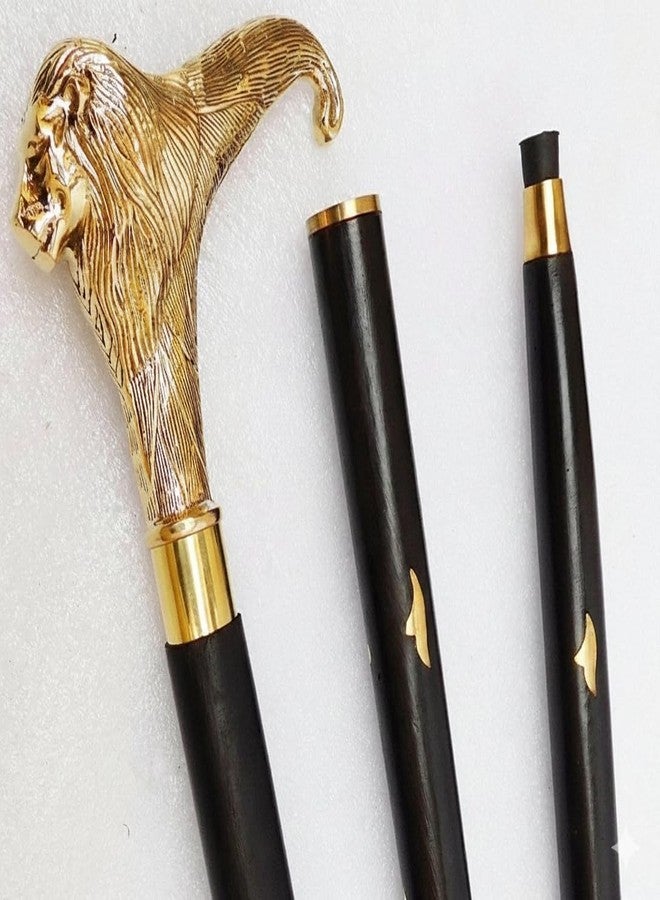 PIRUU Vintage Brass Lion Head Walking Stick - 37 Inch Wooden Shaft Cane - Decorative Brass Handle - Antique Style - Image 2