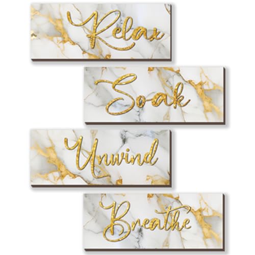 ONIZHITY 4 Pcs White and Gold Bathroom Decor White Gold Wall Decor Relax Soak Unwind Breathe Wooden Rustic Marble Style Bathroom Accessories for Bedroom Living Room Decor Kitchen10X4 - Image 1