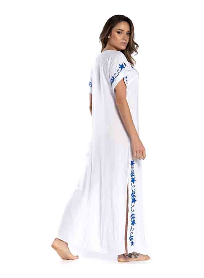 V Neck Short Sleeve Floral Pattern Beach Maxi Long Dress Dress White - Image 3
