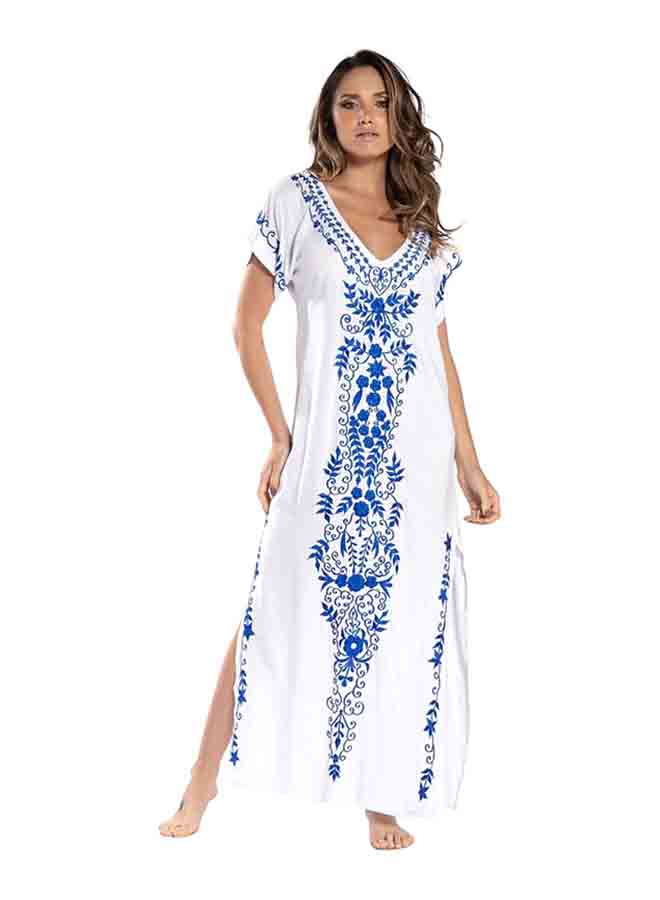 V Neck Short Sleeve Floral Pattern Beach Maxi Long Dress Dress White - Image 1