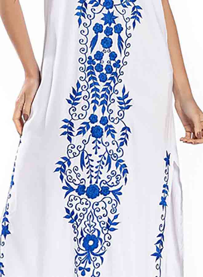 V Neck Short Sleeve Floral Pattern Beach Maxi Long Dress Dress White - Image 4