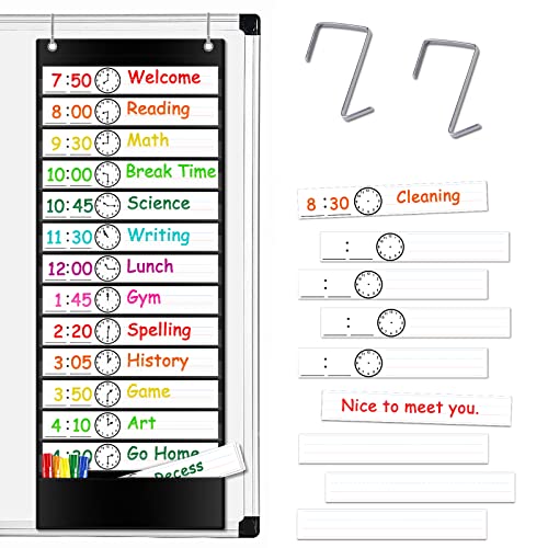 AUVCAS Daily Schedule Pocket Chart, Class Schedule with 13+1 Pockets 18 Dry Eraser Cards 2 Easy Over Door Mountings for Classroom, School, Office or Home (13” x 35.5”) (Black) - Image 1