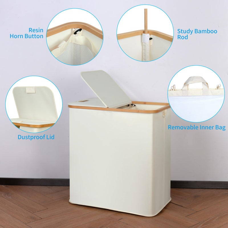 efluky Laundry Hamper with Lid, Double Laundry Hamper with 2 Removable Bags, 2 Section Laundry Basket with Bamboo Handles for Bathroom, Bedroom & Laundry Room, 140L (36.9 Gallon) Beige - Image 4