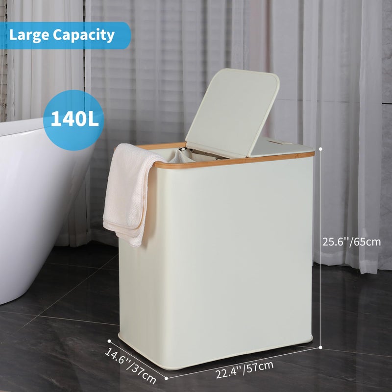 efluky Laundry Hamper with Lid, Double Laundry Hamper with 2 Removable Bags, 2 Section Laundry Basket with Bamboo Handles for Bathroom, Bedroom & Laundry Room, 140L (36.9 Gallon) Beige - Image 5