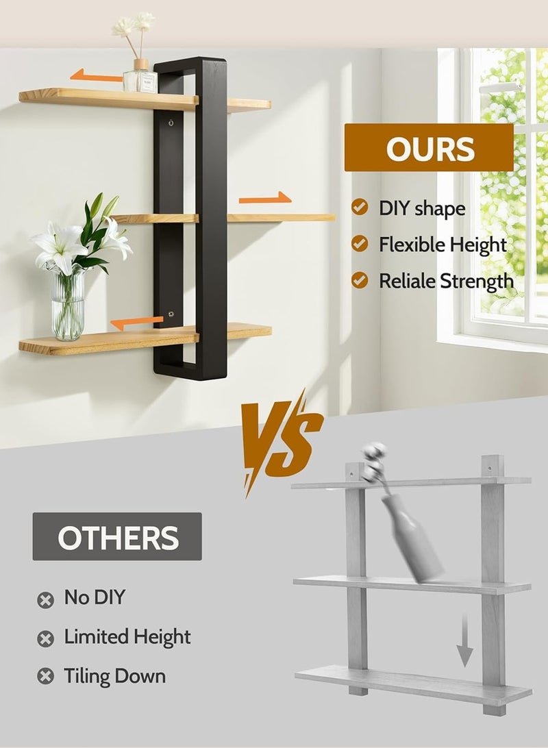 LOOPITYS Floating shelf, 3-layer wall mounted storage rack, set of 50cm/19.6-inch wall mounted shelves, black iron frame, wooden board movable DIY placement, hanging bathroom shelf, suitable for living room, bedroom, bathroom, kitchen - Image 5