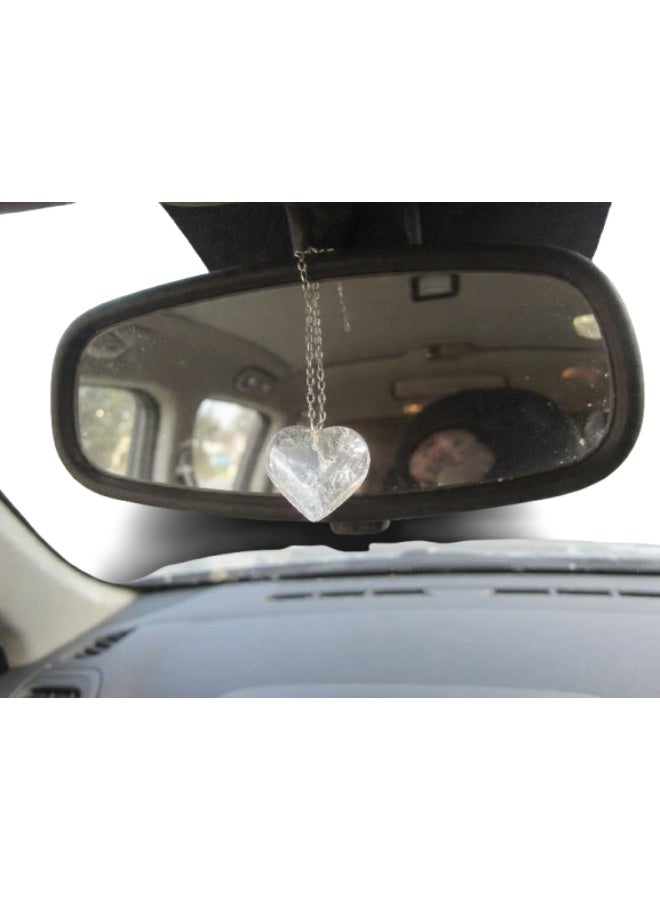 Natural White Clear Quartz Heart Car Mirror Hanger, Decorative Pendant with Cord, Rearview Mirror Accessory - Image 1