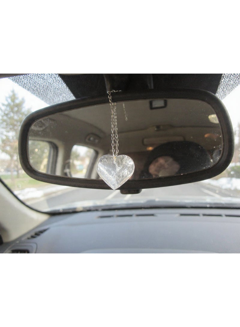Natural White Clear Quartz Heart Car Mirror Hanger, Decorative Pendant with Cord, Rearview Mirror Accessory - Image 3