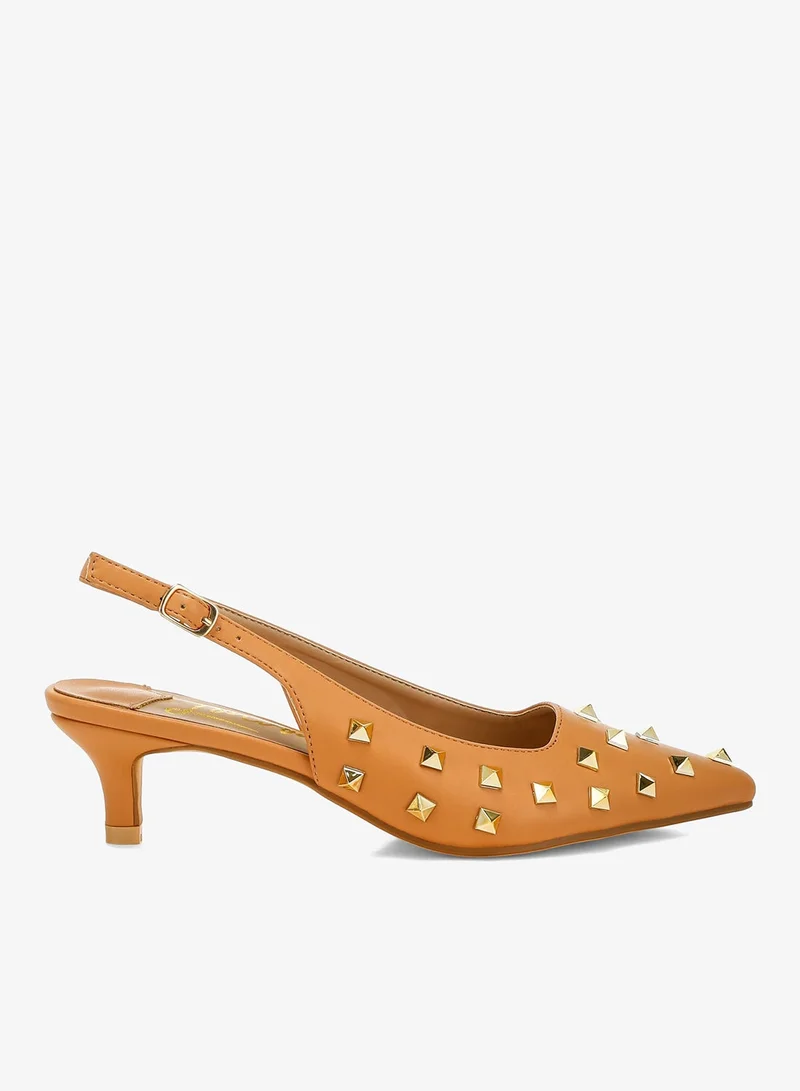 Stud Embellished Kitten Heels in Tan