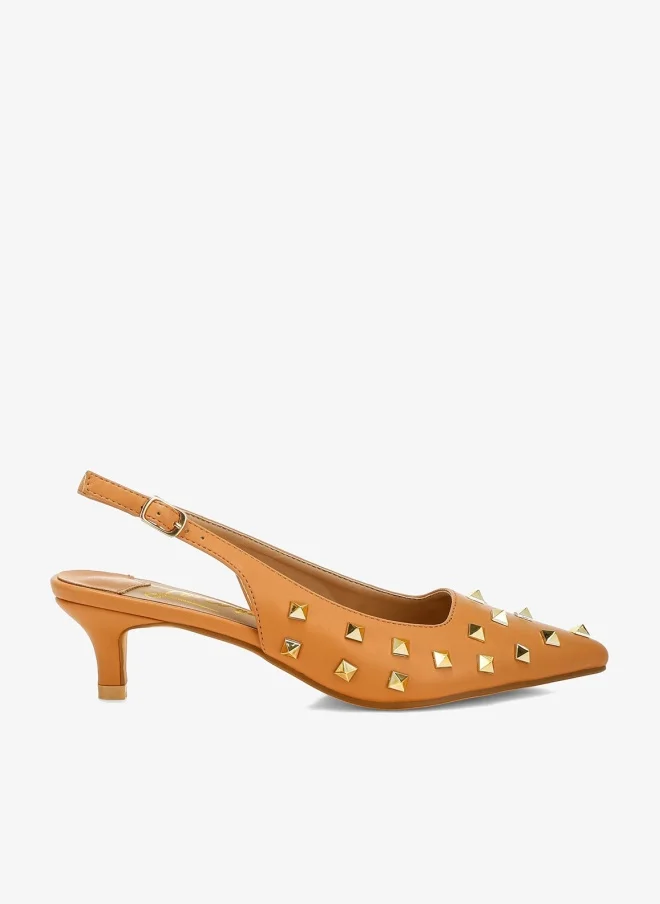 Stud Embellished Kitten Heels in Tan