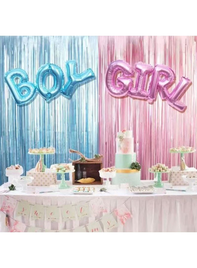 مجموعة خلفية للكشف عن جنس المولود، ذكرًا كان أو أنثى، مع بالونات من رقائق معدنية وستائر هامشية باللونين الوردي والأزرق لحفل استقبال المولود - Image 2
