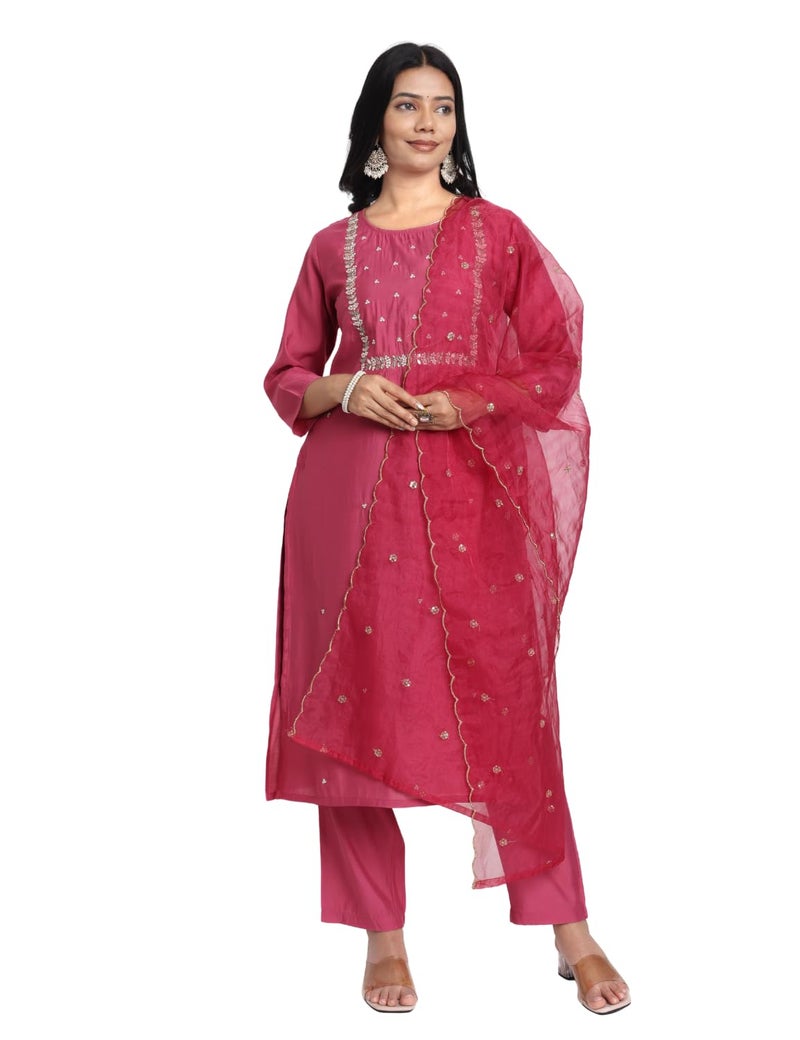 Kaari Women's Hand Embroidered Kurta Set with Dupatta - Straight Fit | Silk Blend Fabric with Dabka Work | Sequin Work Organza Dupatta | Straight Pant with Side Pocket | Kurta Set For Women - Image 5